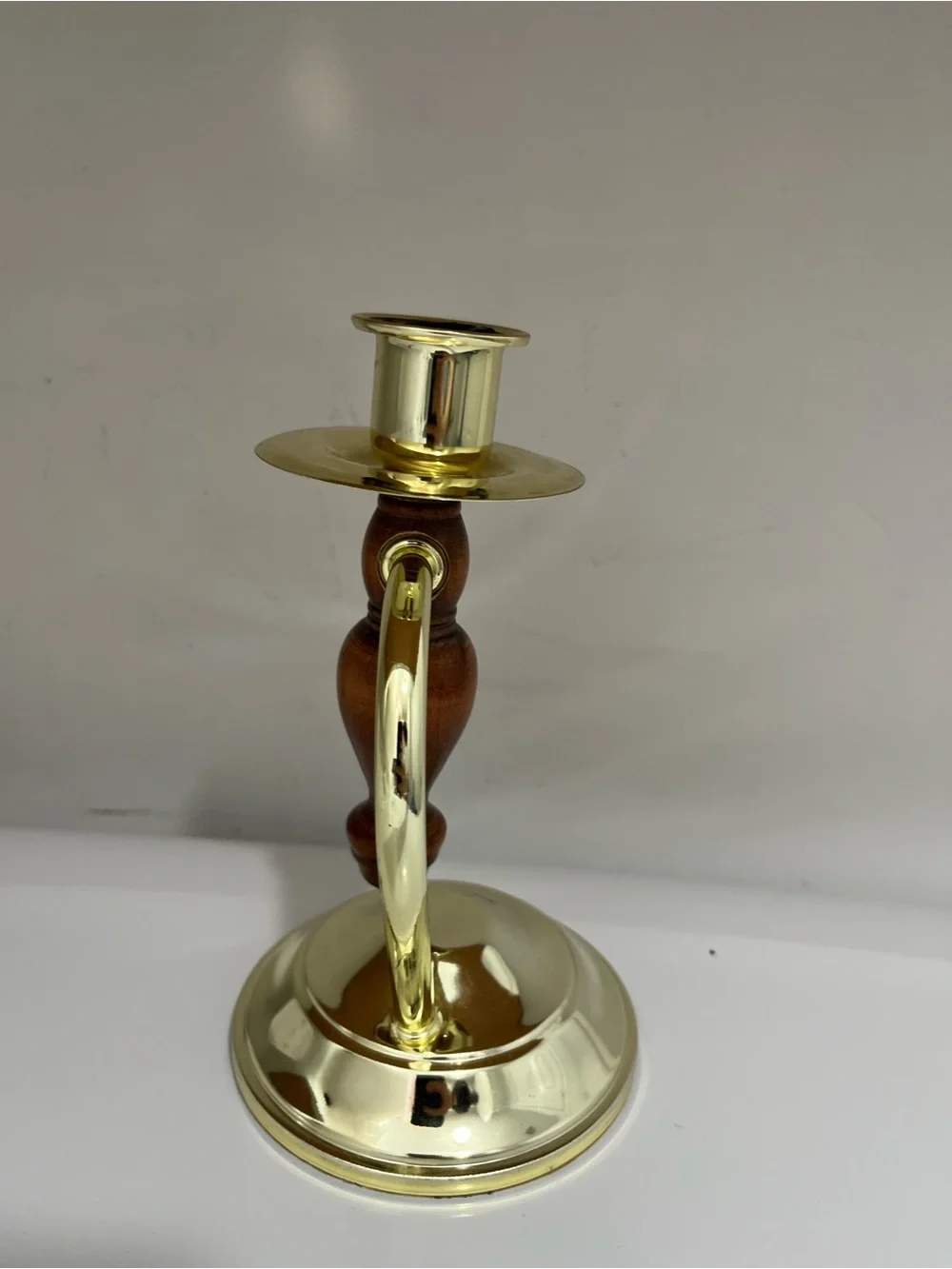 Vintage Convertible Gold-tone Metal & Wood Candle Holder w/ Clear Glass Votive